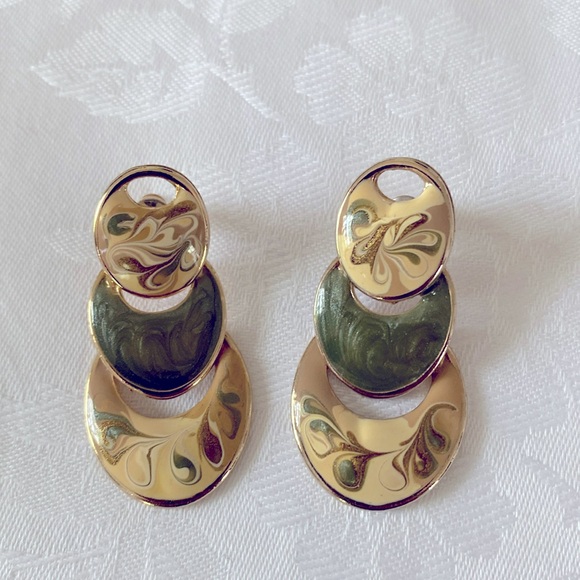 Cream and Green Hand-Painted Enamel Earrings - Picture 1 of 4